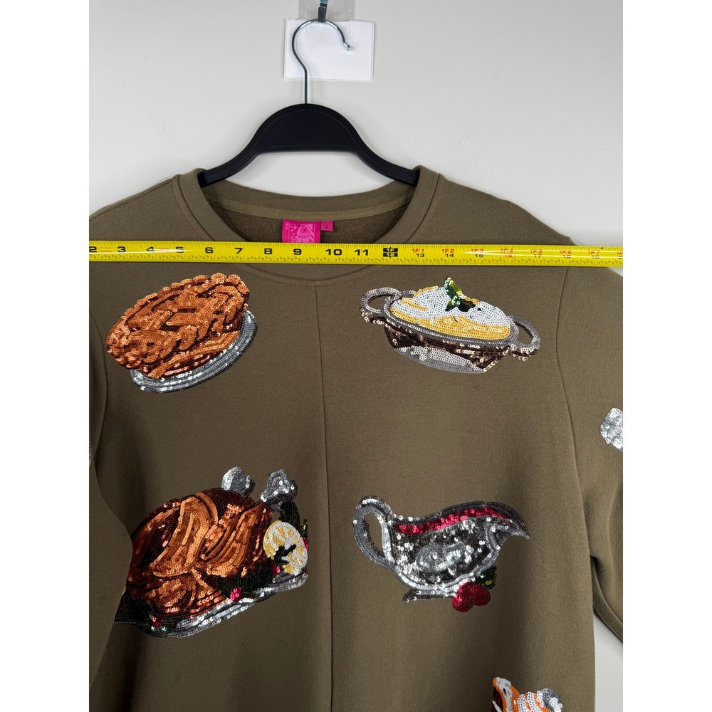 Queen of Sparkles Thanksgiving Sequin Turkey Food Sweatshirt Olive Green Women S - Picture 7 of 14